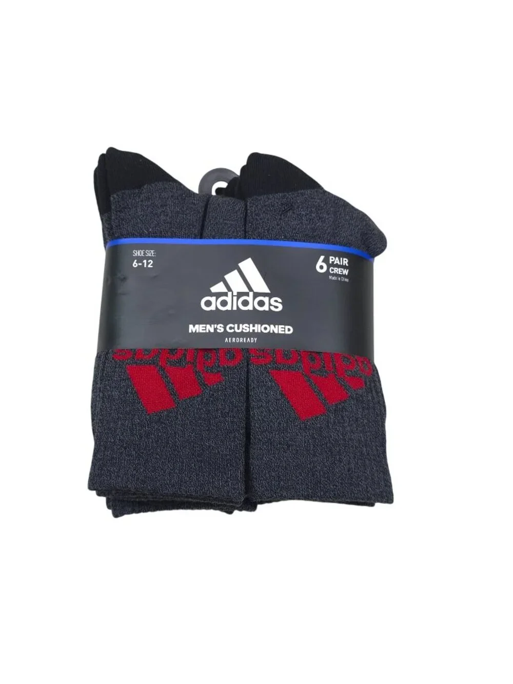 Adidas Mens Cushioned AEROREADY Crew Socks 6-Pack Black Grey Red Shoe Size 6-12